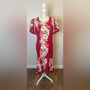 Muu Muu Apparel Hawaiian Floral Red Midi Dress Ruffle Bow Sz L